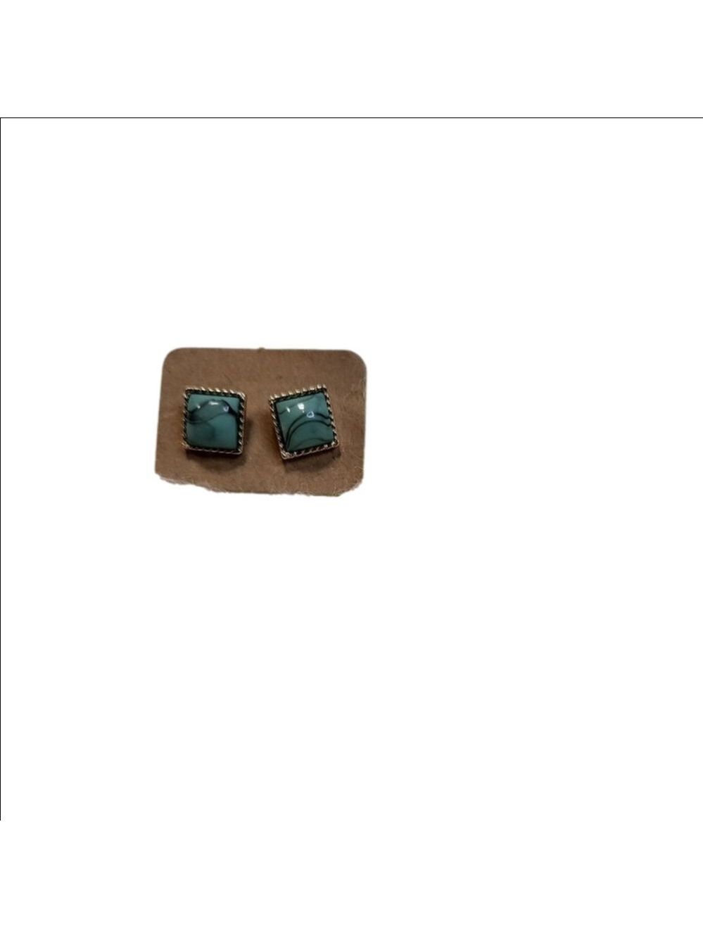 Gold Trim Blue Turquoise Princess Cut Post Earrings
